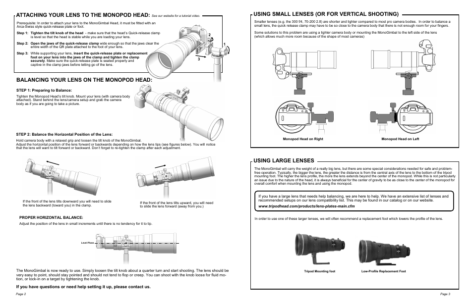 Balancing your lens on the monopod head, Attaching your lens to the monopod head, Using small lenses (or for vertical shooting) | Using large lenses | Wimberley MH-100 MonoGimbal Head for Monopods User Manual | Page 2 / 2
