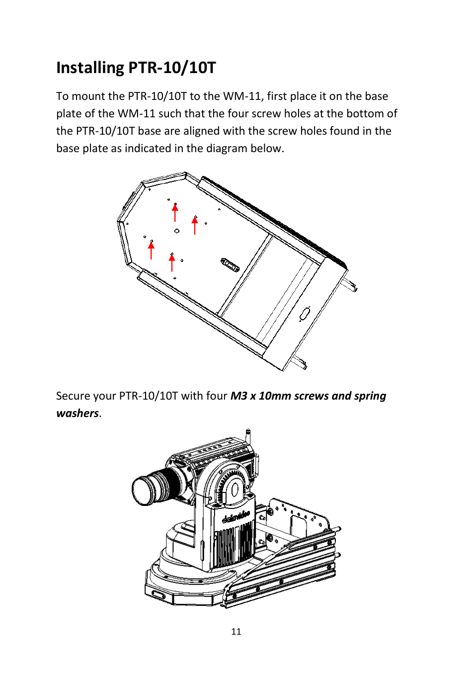 Installing ptr-10/10t | Datavideo WM-11 Wall Mount for PTR-10 MK II and PTR-10T MK II User Manual | Page 11 / 20