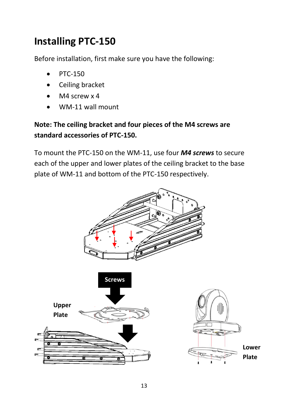 Installing ptc-150 | Datavideo WM-11 Wall Mount for PTR-10 MK II and PTR-10T MK II User Manual | Page 13 / 20