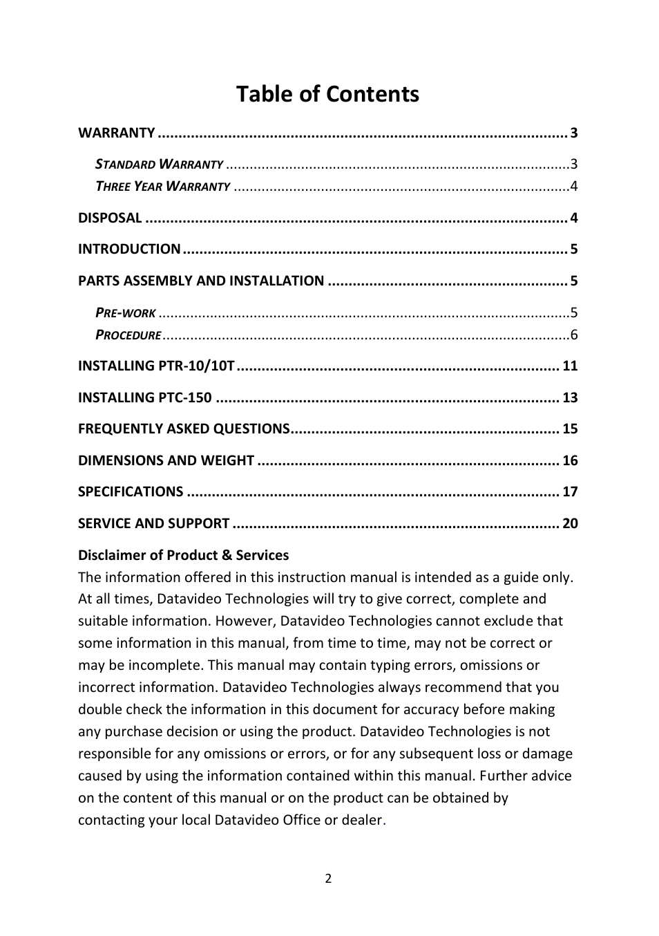 Datavideo WM-11 Wall Mount for PTR-10 MK II and PTR-10T MK II User Manual | Page 2 / 20