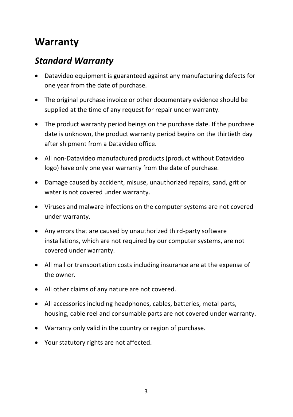 Warranty, Standard warranty, Tandard | Arranty | Datavideo WM-11 Wall Mount for PTR-10 MK II and PTR-10T MK II User Manual | Page 3 / 20