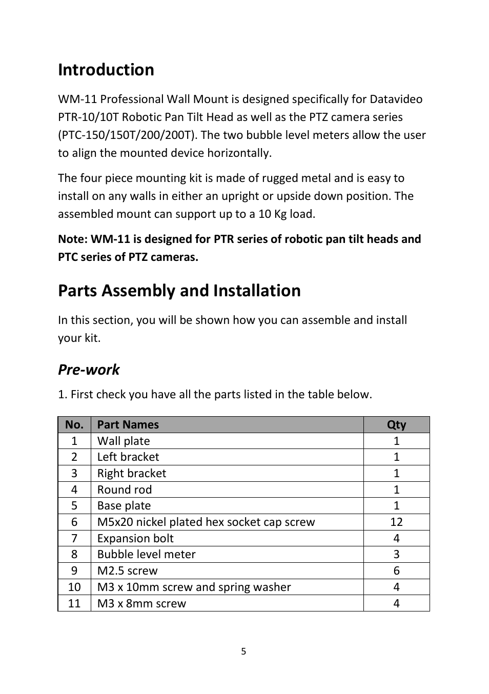Introduction, Parts assembly and installation, Pre-work | Work | Datavideo WM-11 Wall Mount for PTR-10 MK II and PTR-10T MK II User Manual | Page 5 / 20