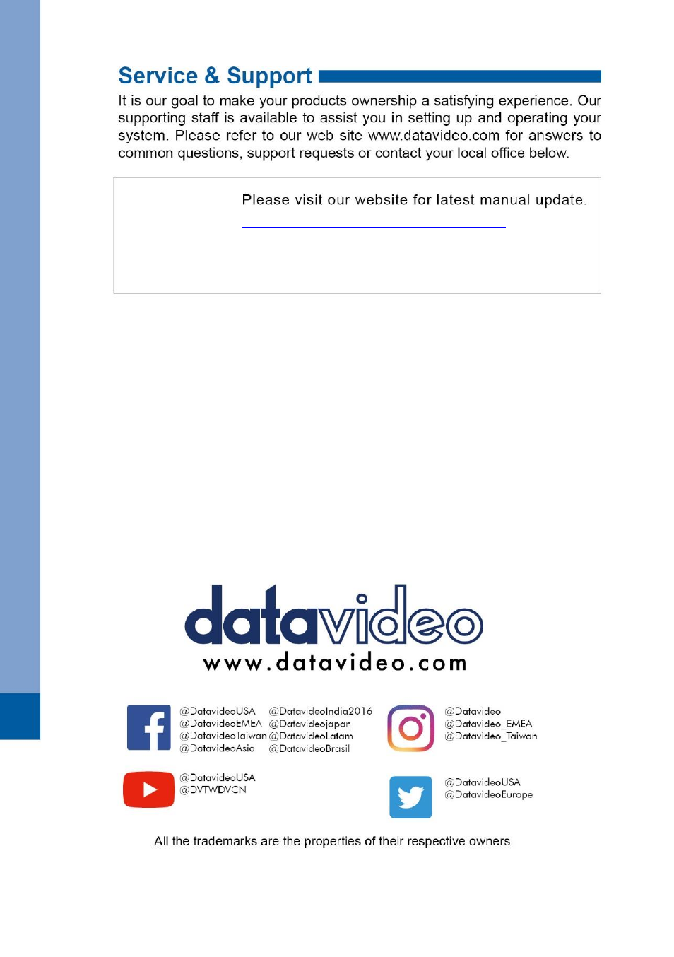 Service and support | Datavideo CM-10 Ceiling Mount for PTR-10 Mark II & PTR-10T Mark II Pan/Tilt Heads User Manual | Page 20 / 20