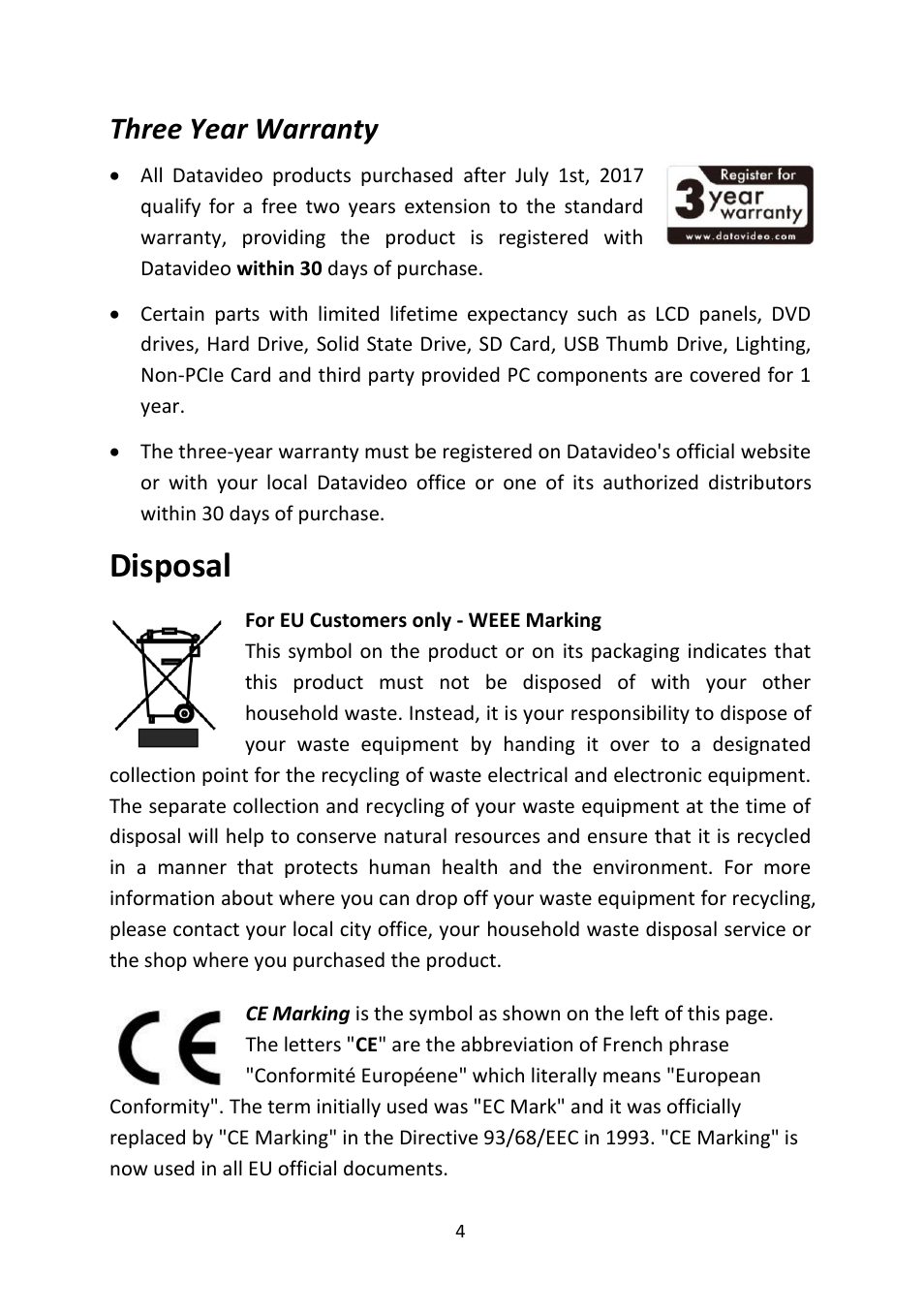 Three year warranty, Disposal, Hree | Arranty | Datavideo CM-10 Ceiling Mount for PTR-10 Mark II & PTR-10T Mark II Pan/Tilt Heads User Manual | Page 4 / 20