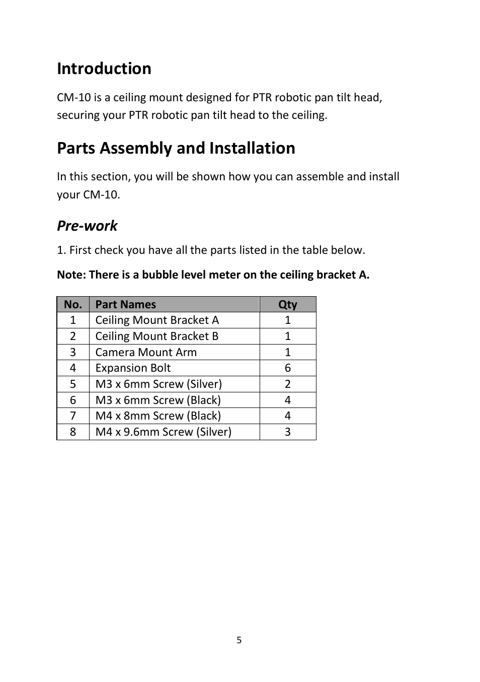 Introduction, Parts assembly and installation, Pre-work | Work | Datavideo CM-10 Ceiling Mount for PTR-10 Mark II & PTR-10T Mark II Pan/Tilt Heads User Manual | Page 5 / 20