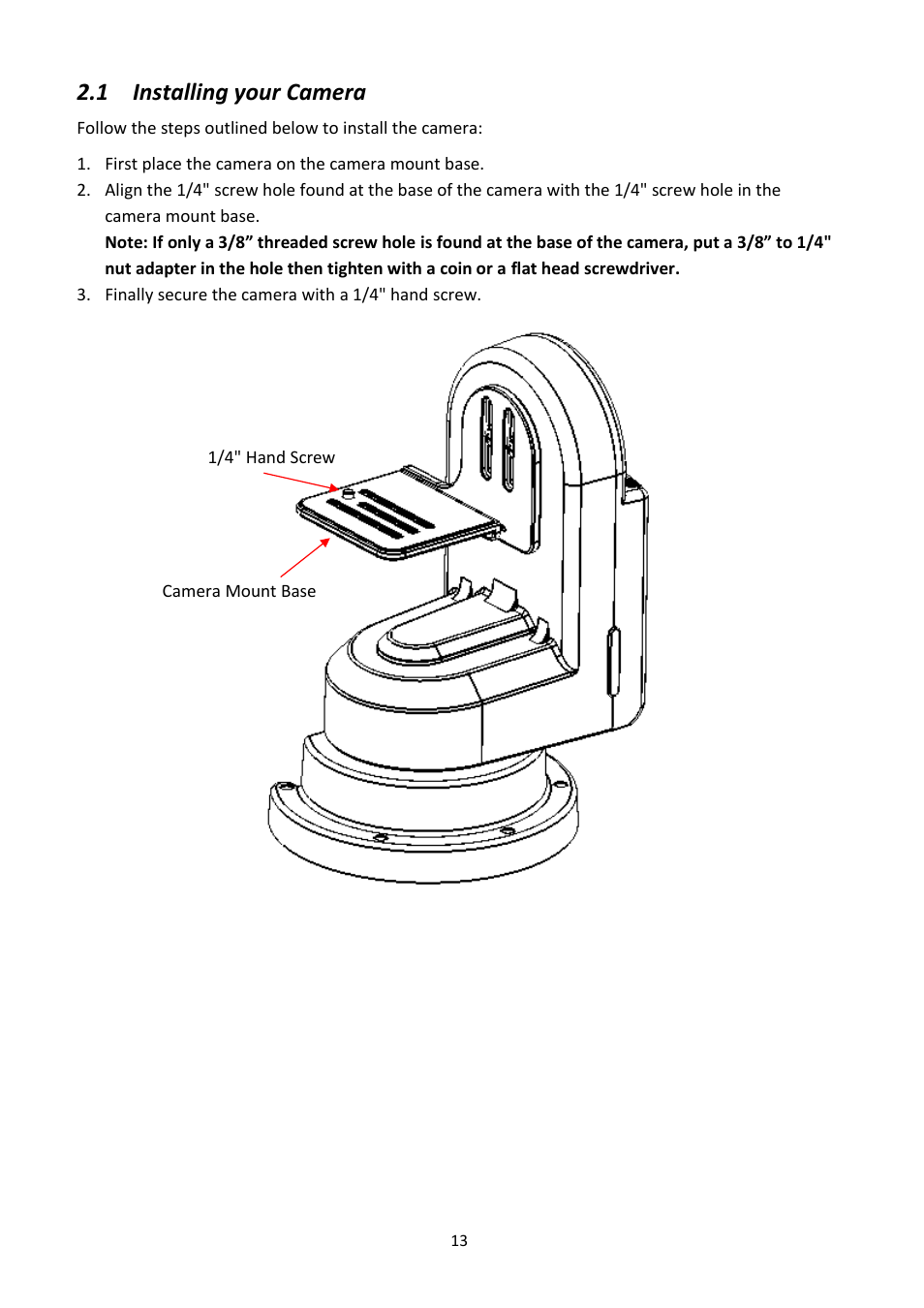 1 installing your camera, Nstalling your, Amera | Datavideo PTR-10 MK II Robotic Head & RMC-180 MK II Pan/Tilt Controller Kit User Manual | Page 13 / 44