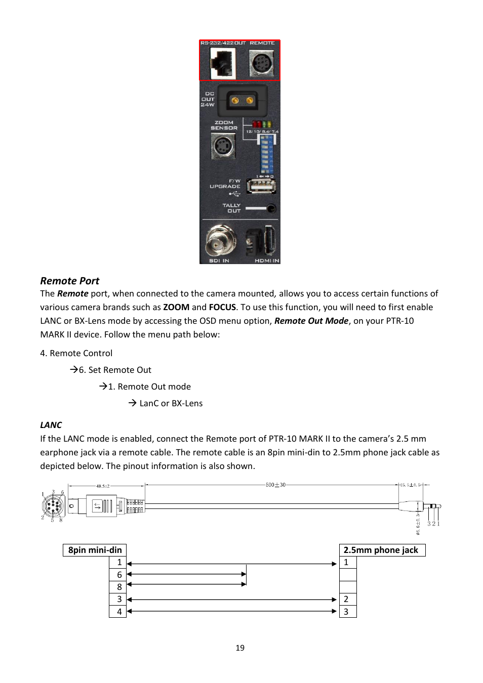 Remote port, Lanc | Datavideo PTR-10 MK II Robotic Head & RMC-180 MK II Pan/Tilt Controller Kit User Manual | Page 19 / 44