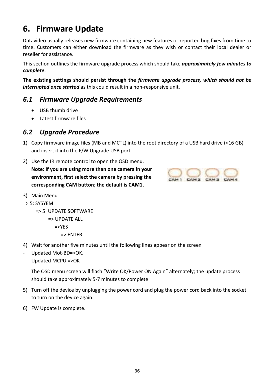 Firmware update, 1 firmware upgrade requirements, 2 upgrade procedure | Irmware, Pgrade, Equirements, Rocedure | Datavideo PTR-10 MK II Robotic Head & RMC-180 MK II Pan/Tilt Controller Kit User Manual | Page 36 / 44