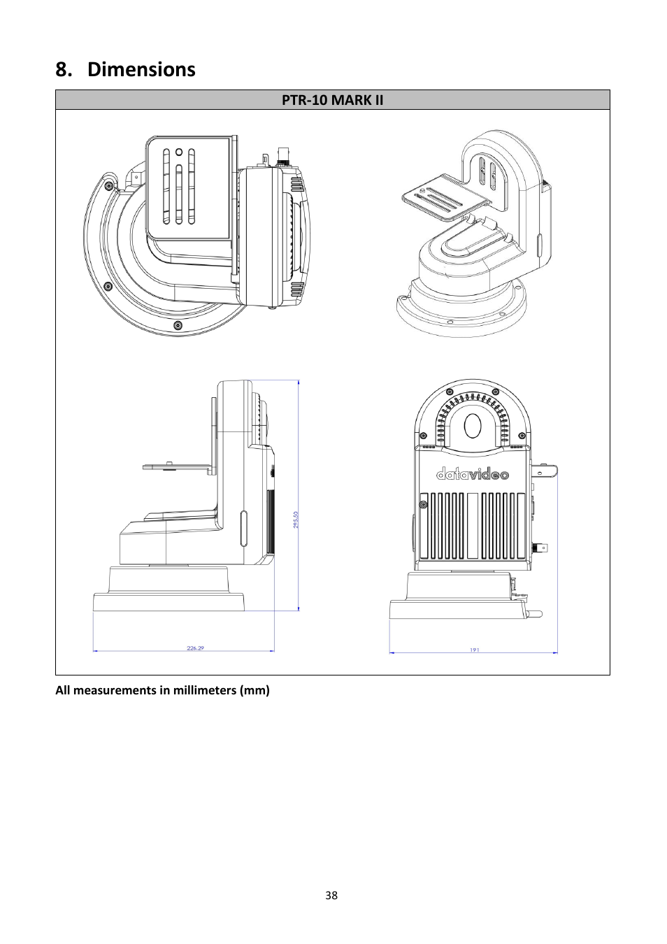 Dimensions | Datavideo PTR-10 MK II Robotic Head & RMC-180 MK II Pan/Tilt Controller Kit User Manual | Page 38 / 44