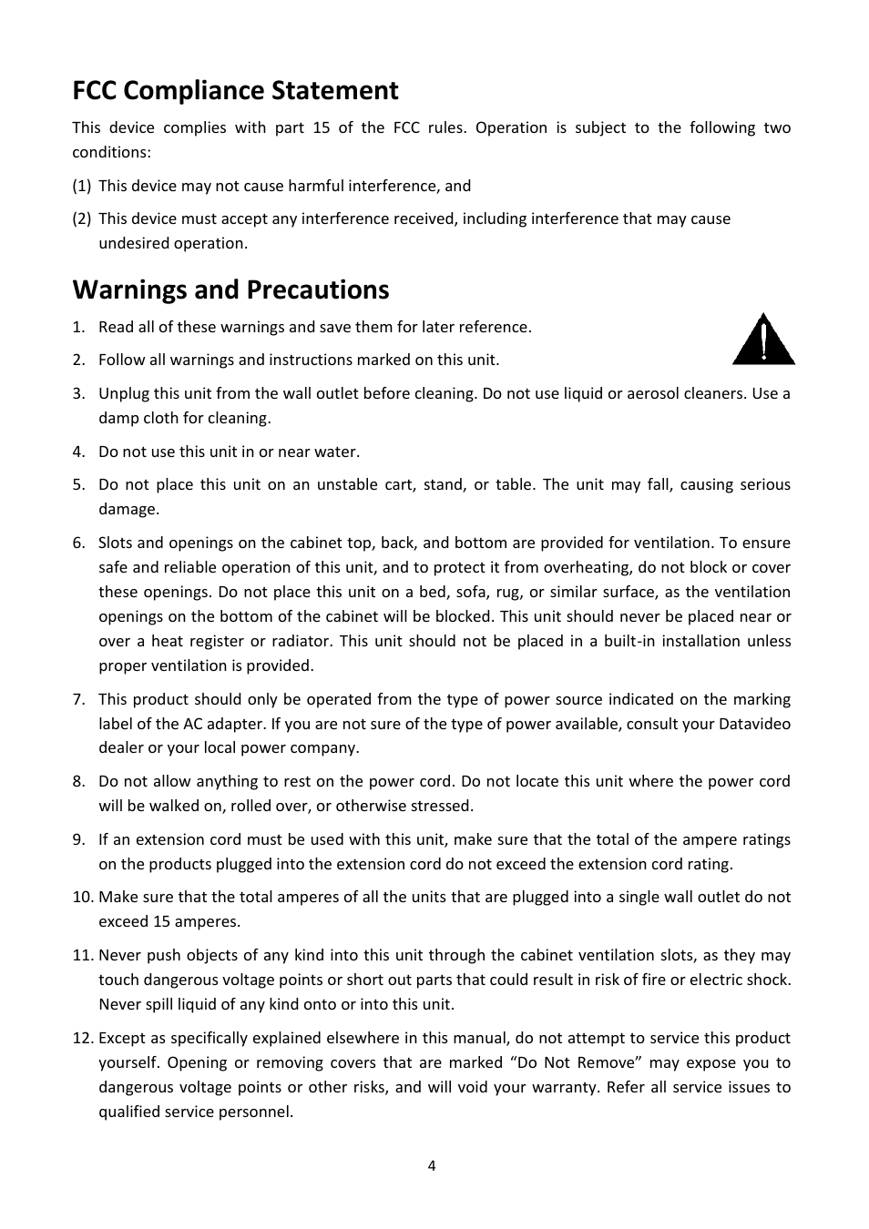 Fcc compliance statement, Warnings and precautions | Datavideo PTR-10 MK II Robotic Head & RMC-180 MK II Pan/Tilt Controller Kit User Manual | Page 4 / 44