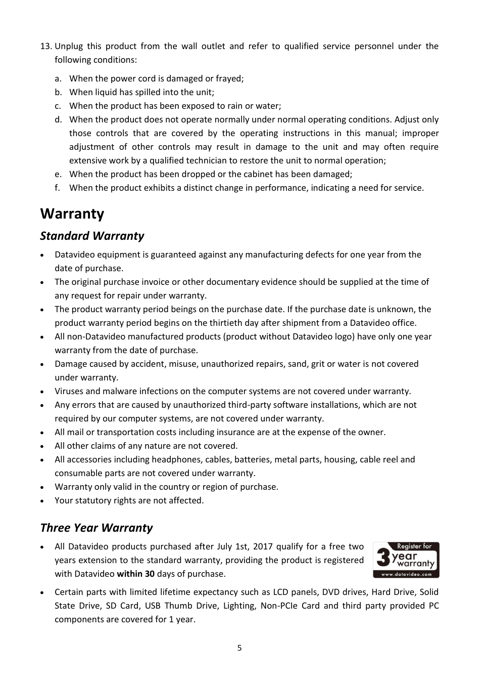 Warranty, Standard warranty, Three year warranty | Tandard, Arranty, Hree | Datavideo PTR-10 MK II Robotic Head & RMC-180 MK II Pan/Tilt Controller Kit User Manual | Page 5 / 44