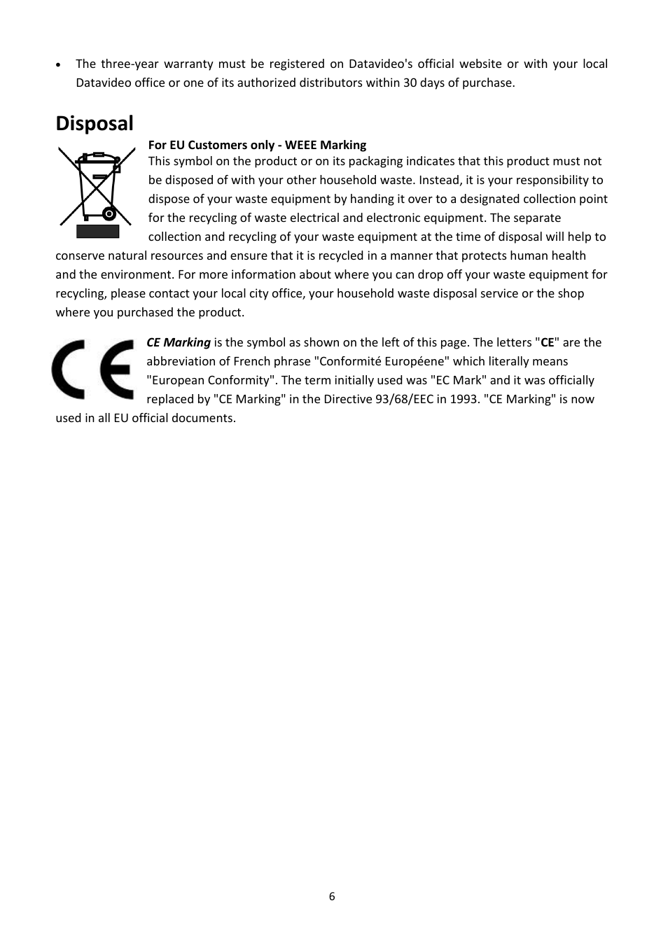 Disposal | Datavideo PTR-10 MK II Robotic Head & RMC-180 MK II Pan/Tilt Controller Kit User Manual | Page 6 / 44