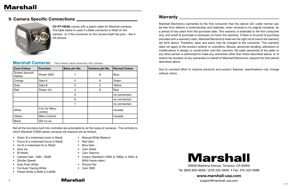 Warranty, Camera specific connections marshall cameras | Marshall Electronics Motorized Micro PT Pan/Tilt Head for Select CV Series Cameras User Manual | Page 5 / 5