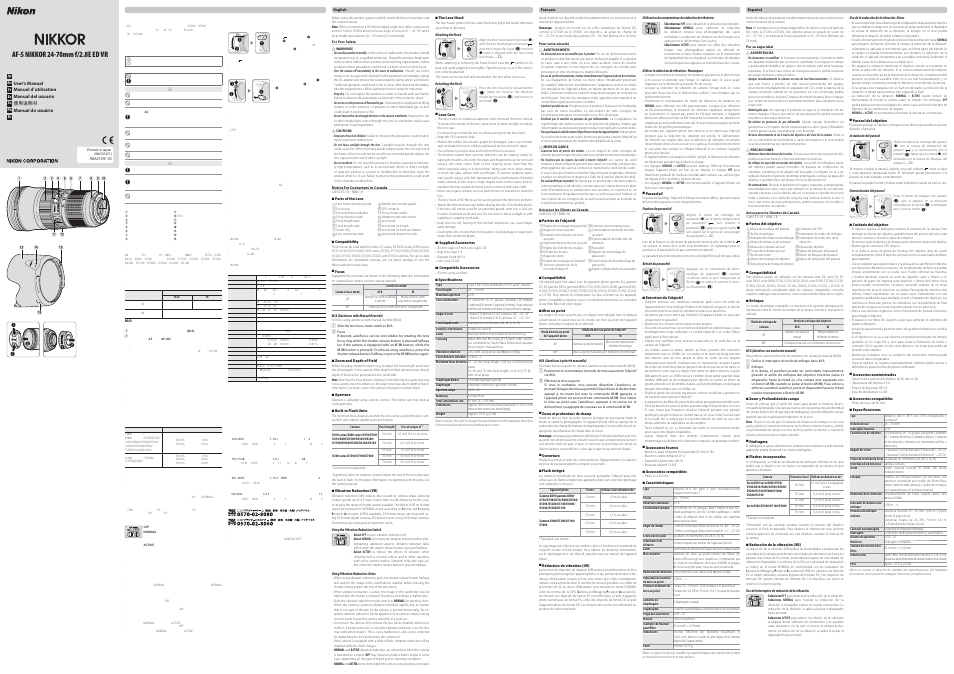 Nikon AF-S NIKKOR 24-70mm f/2.8E ED VR Lens User Manual | 2 pages