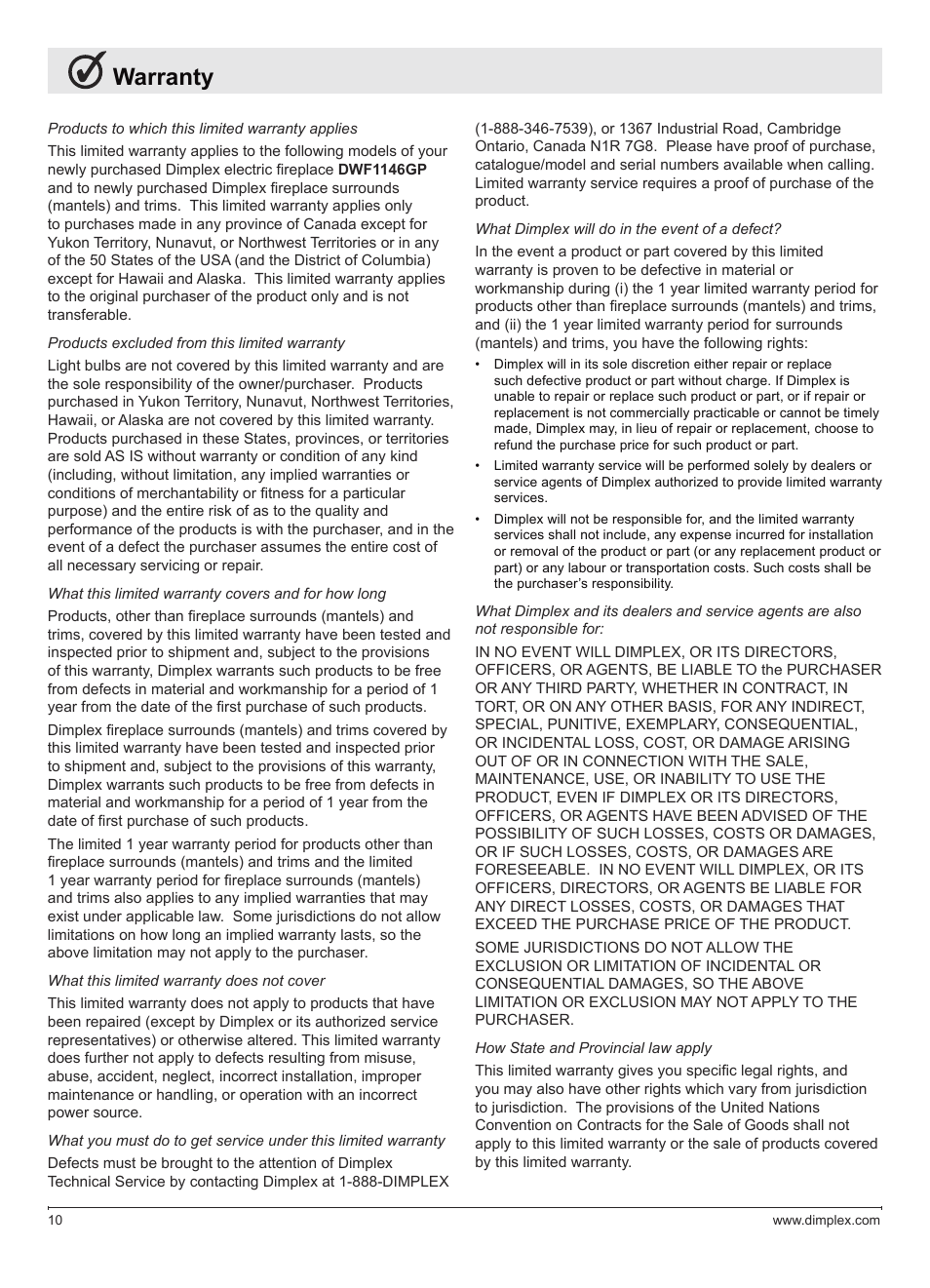 Warranty | Dimplex DWF1146GP User Manual | Page 10 / 12