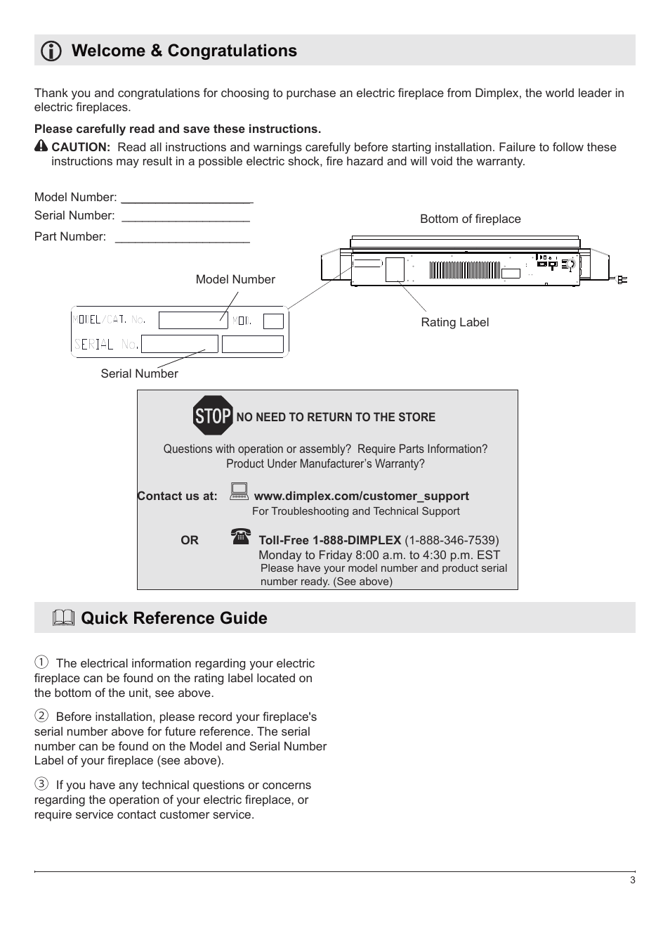 Welcome & congratulations, Quick reference guide | Dimplex DWF1146GP User Manual | Page 3 / 12