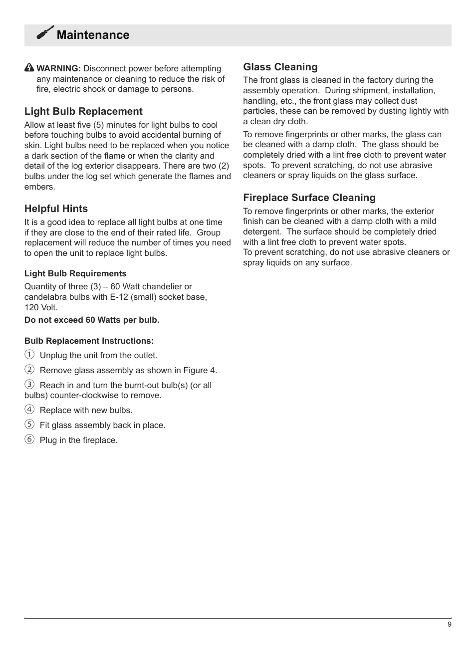 Maintenance | Dimplex DWF1146GP User Manual | Page 9 / 12
