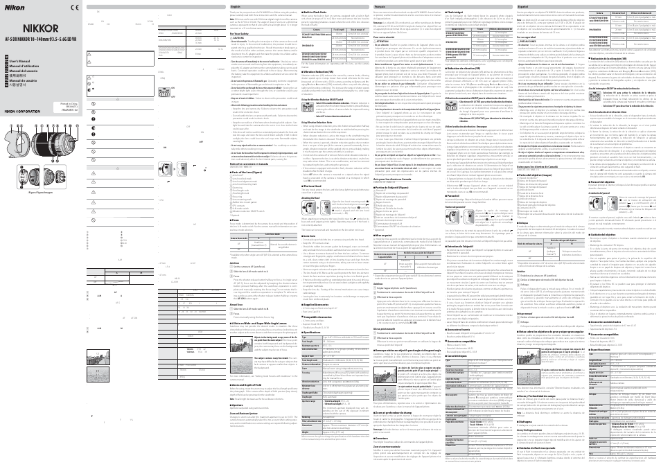 Nikon AF-S DX NIKKOR 18-140mm f/3.5-5.6G ED VR Lens User Manual | 2 pages