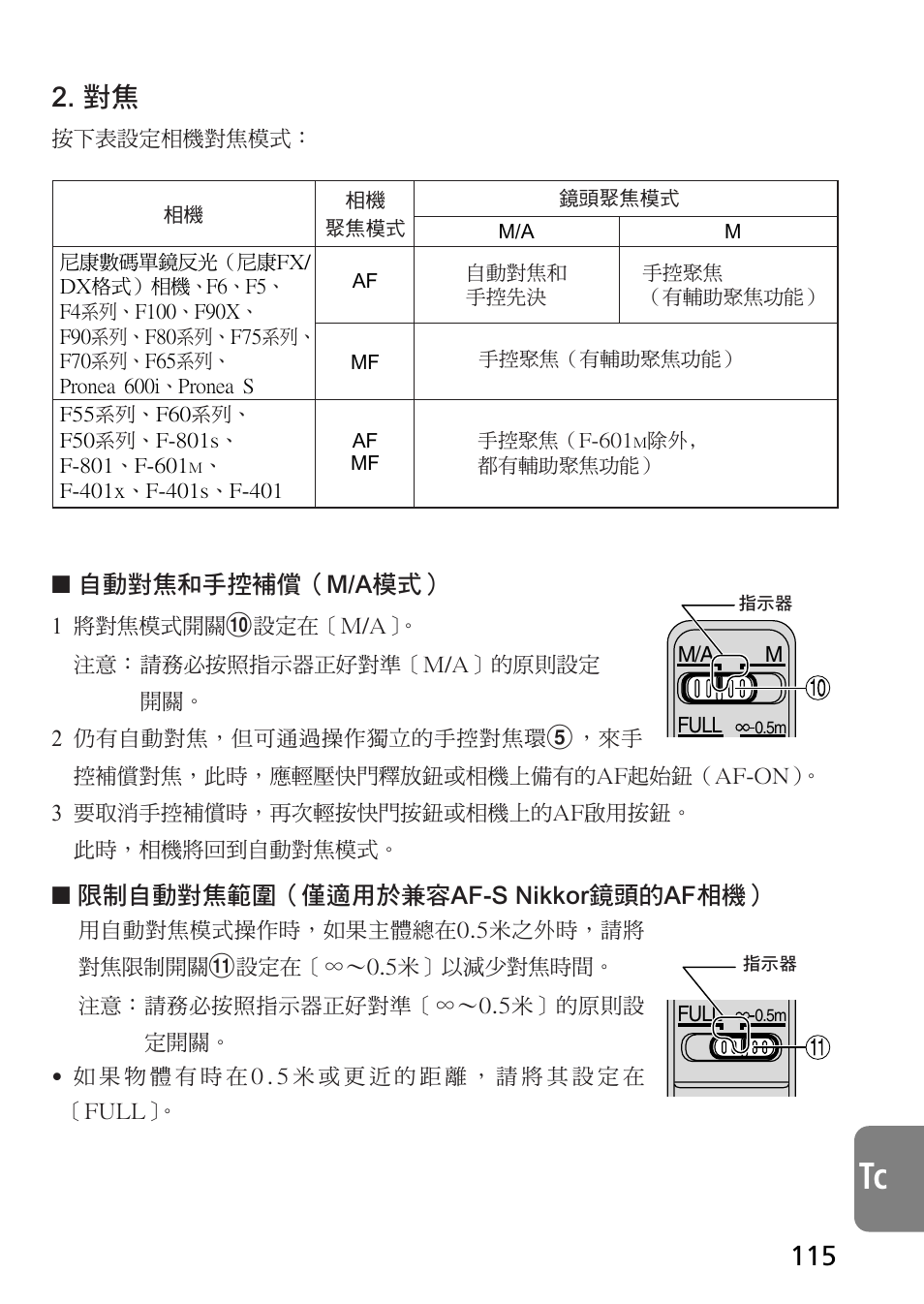 自動對焦和手控補償（m/a模式, 限制自動對焦範圍（僅適用於兼容af-s nikkor鏡頭的af相機 | Nikon AF-S VR Micro-NIKKOR 105mm f/2.8G IF-ED Lens User Manual | Page 115 / 132