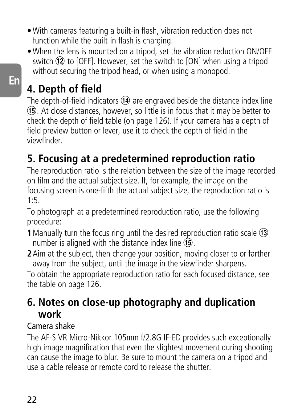 Depth of field, Focusing at a predetermined reproduction ratio | Nikon AF-S VR Micro-NIKKOR 105mm f/2.8G IF-ED Lens User Manual | Page 22 / 132