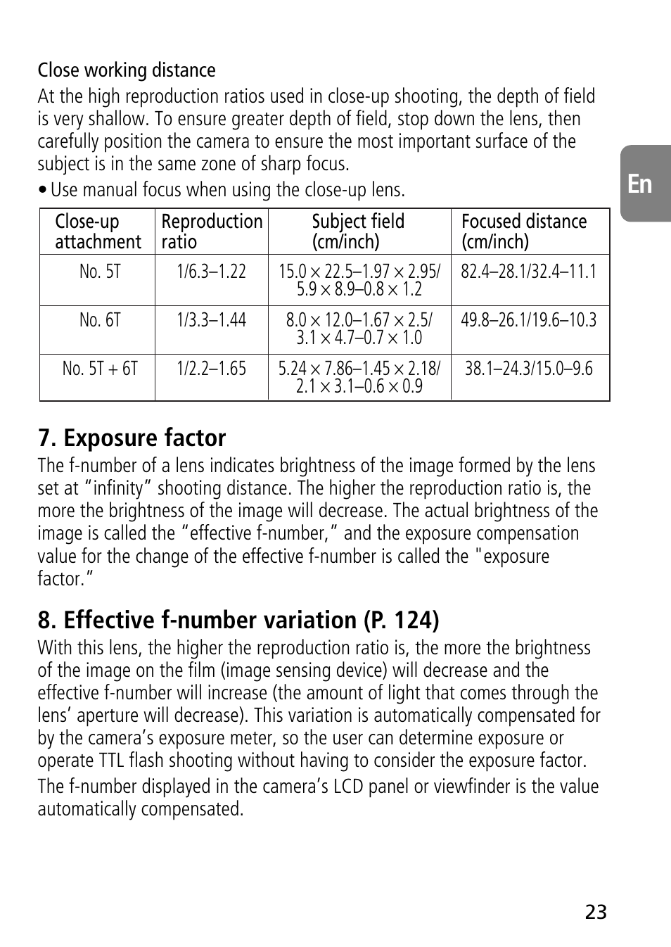 Exposure factor, Effective f-number variation (p. 124) | Nikon AF-S VR Micro-NIKKOR 105mm f/2.8G IF-ED Lens User Manual | Page 23 / 132