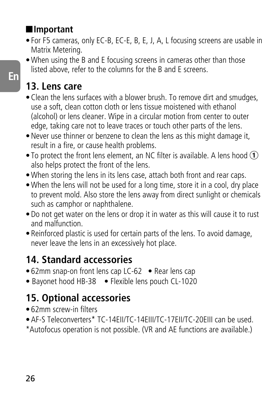 Lens care, Standard accessories, Optional accessories | Nikon AF-S VR Micro-NIKKOR 105mm f/2.8G IF-ED Lens User Manual | Page 26 / 132