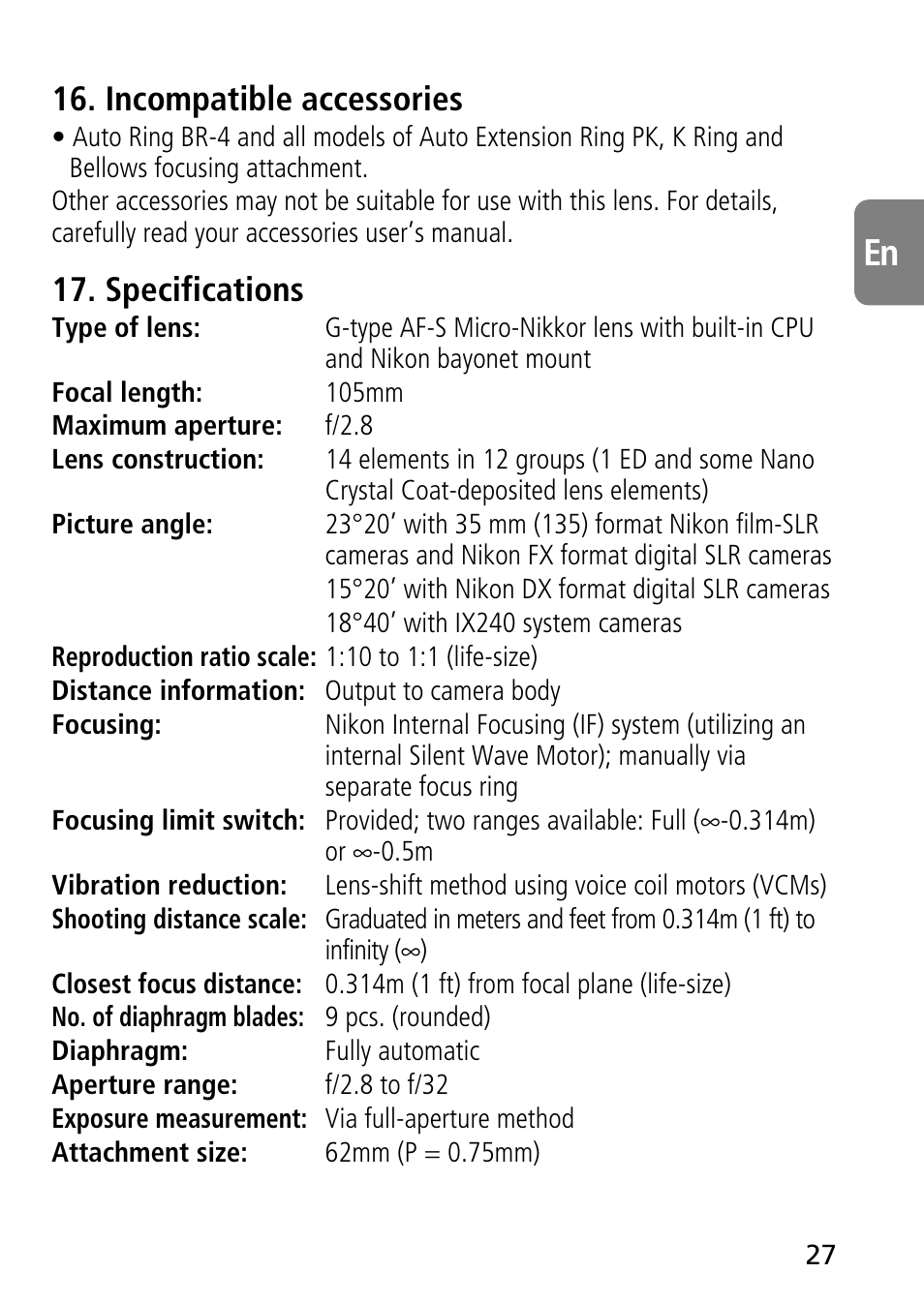 Incompatible accessories, Specifications | Nikon AF-S VR Micro-NIKKOR 105mm f/2.8G IF-ED Lens User Manual | Page 27 / 132