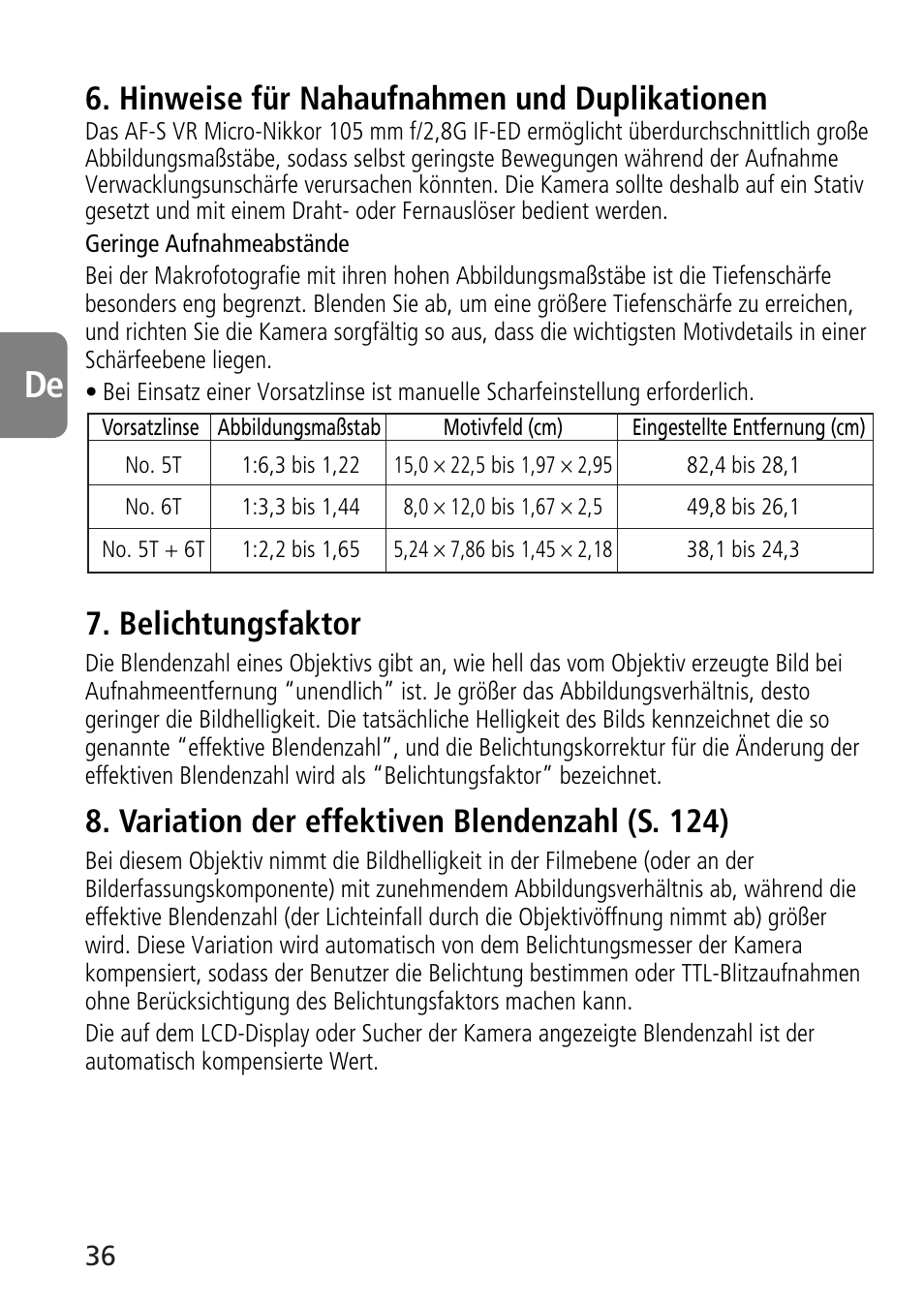 Hinweise für nahaufnahmen und duplikationen, Belichtungsfaktor, Variation der effektiven blendenzahl (s. 124) | Nikon AF-S VR Micro-NIKKOR 105mm f/2.8G IF-ED Lens User Manual | Page 36 / 132