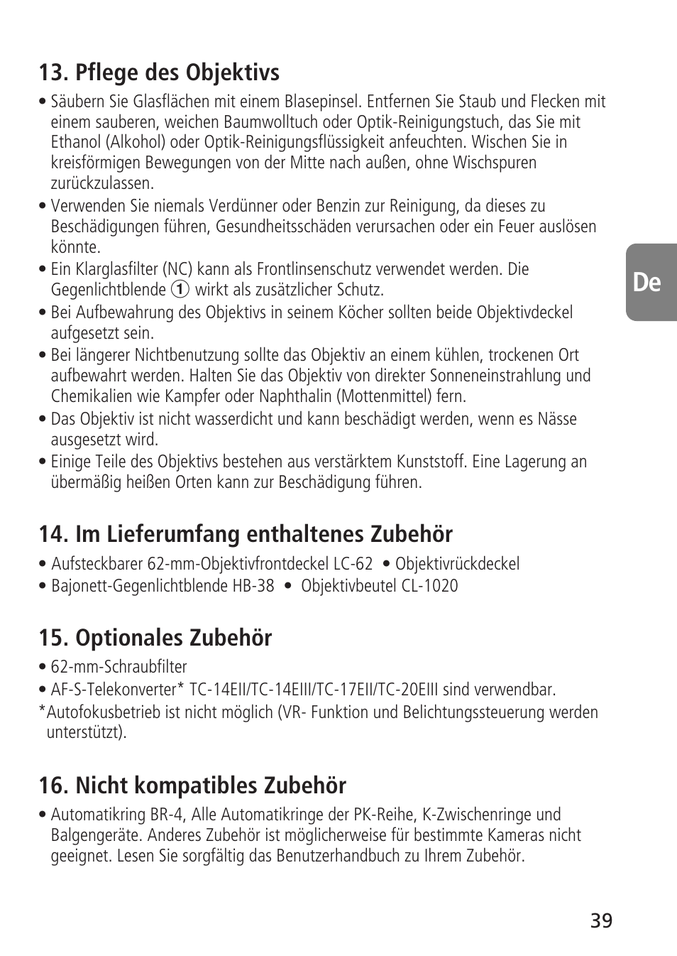 Pflege des objektivs, Im lieferumfang enthaltenes zubehör, Optionales zubehör | Nicht kompatibles zubehör | Nikon AF-S VR Micro-NIKKOR 105mm f/2.8G IF-ED Lens User Manual | Page 39 / 132