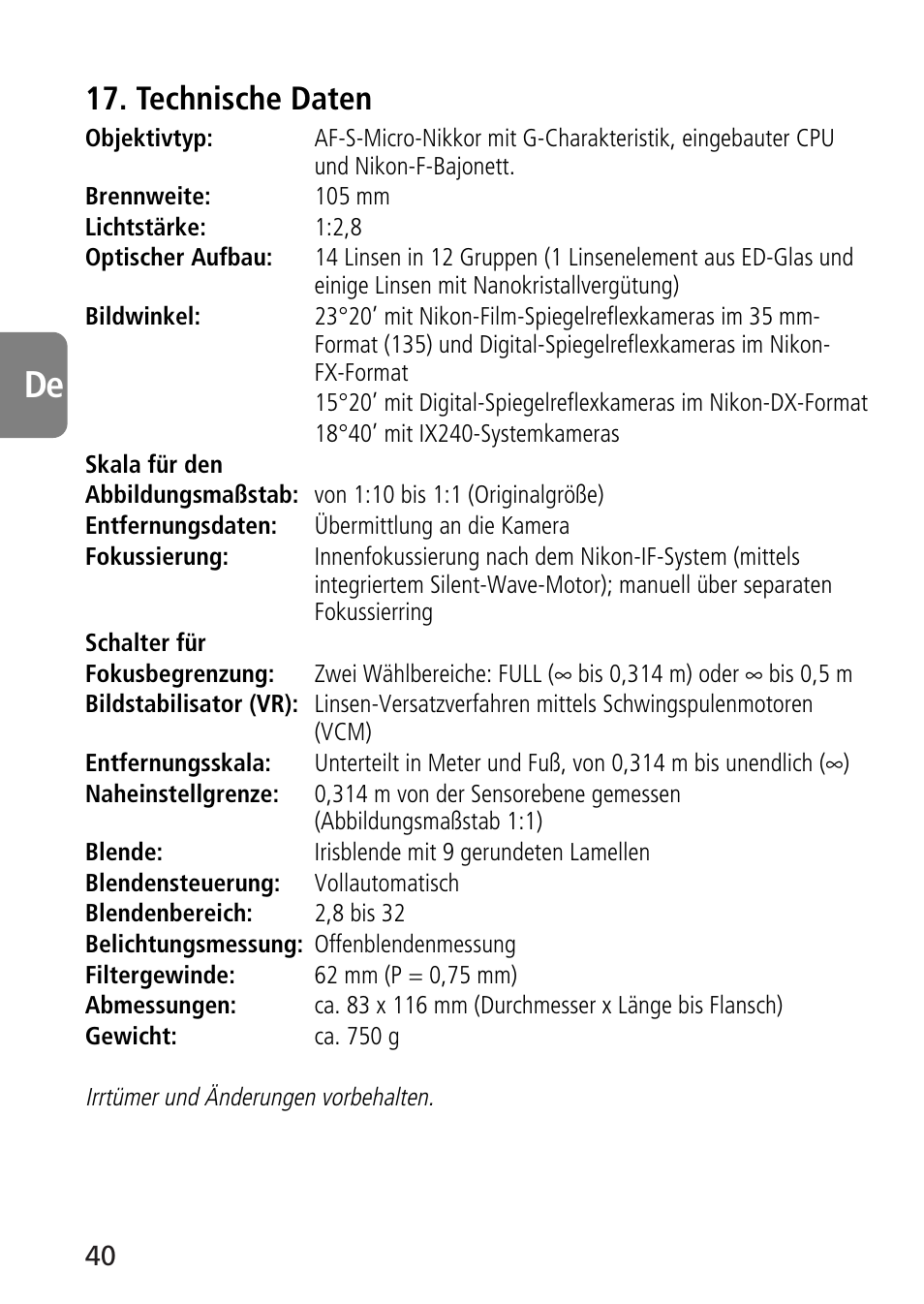 Technische daten | Nikon AF-S VR Micro-NIKKOR 105mm f/2.8G IF-ED Lens User Manual | Page 40 / 132