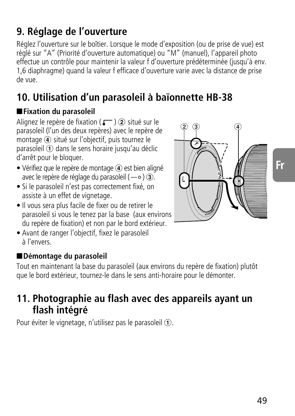 Réglage de l’ouverture, Utilisation d’un parasoleil à baïonnette hb-38 | Nikon AF-S VR Micro-NIKKOR 105mm f/2.8G IF-ED Lens User Manual | Page 49 / 132