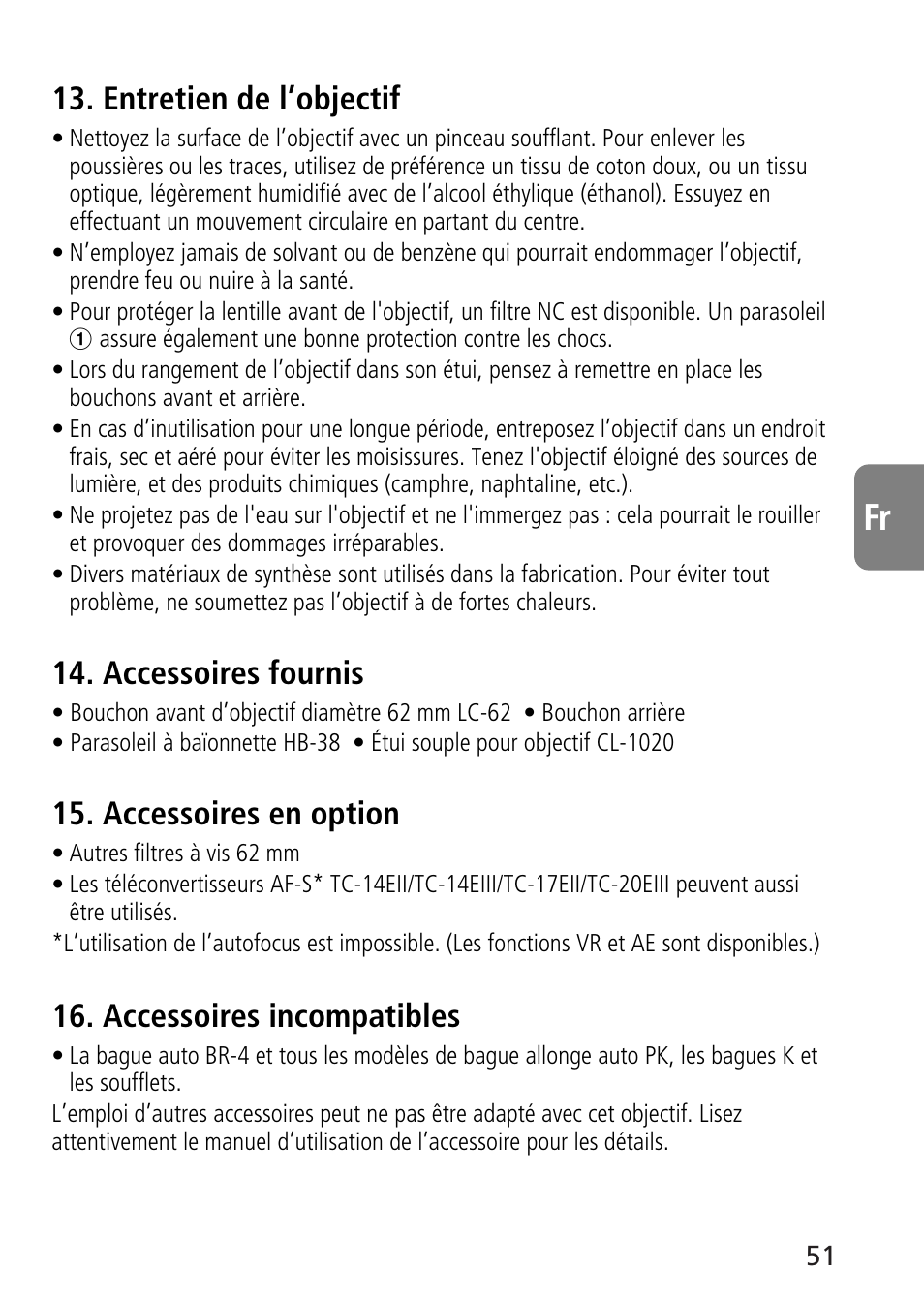 Entretien de l’objectif, Accessoires fournis, Accessoires en option | Accessoires incompatibles | Nikon AF-S VR Micro-NIKKOR 105mm f/2.8G IF-ED Lens User Manual | Page 51 / 132
