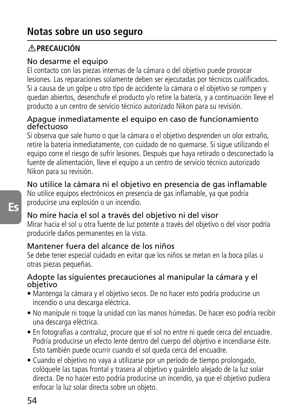 Notas sobre un uso seguro | Nikon AF-S VR Micro-NIKKOR 105mm f/2.8G IF-ED Lens User Manual | Page 54 / 132