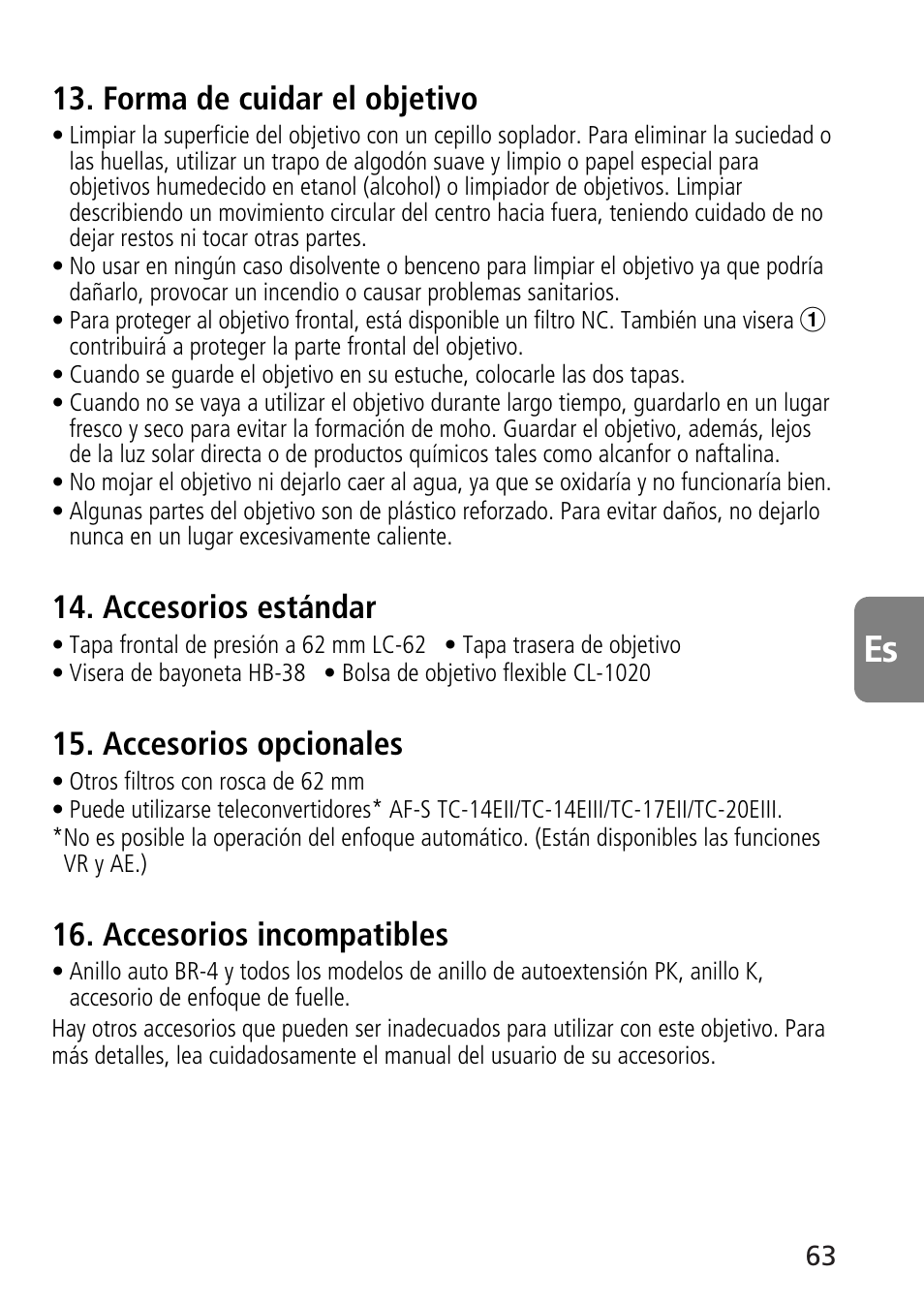 Forma de cuidar el objetivo, Accesorios estándar, Accesorios opcionales | Accesorios incompatibles | Nikon AF-S VR Micro-NIKKOR 105mm f/2.8G IF-ED Lens User Manual | Page 63 / 132