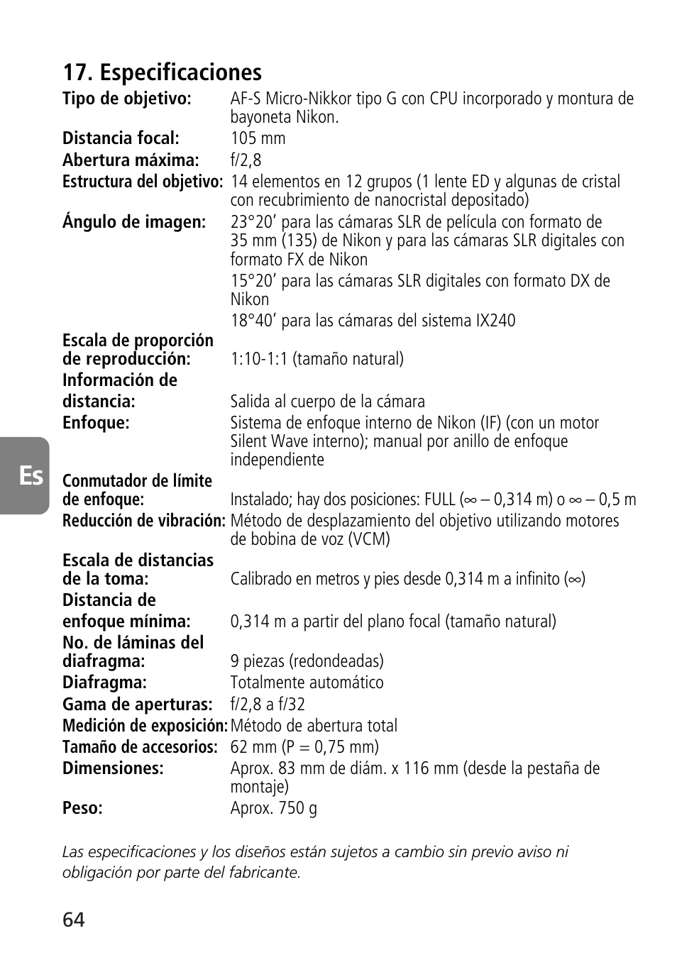 Especificaciones | Nikon AF-S VR Micro-NIKKOR 105mm f/2.8G IF-ED Lens User Manual | Page 64 / 132