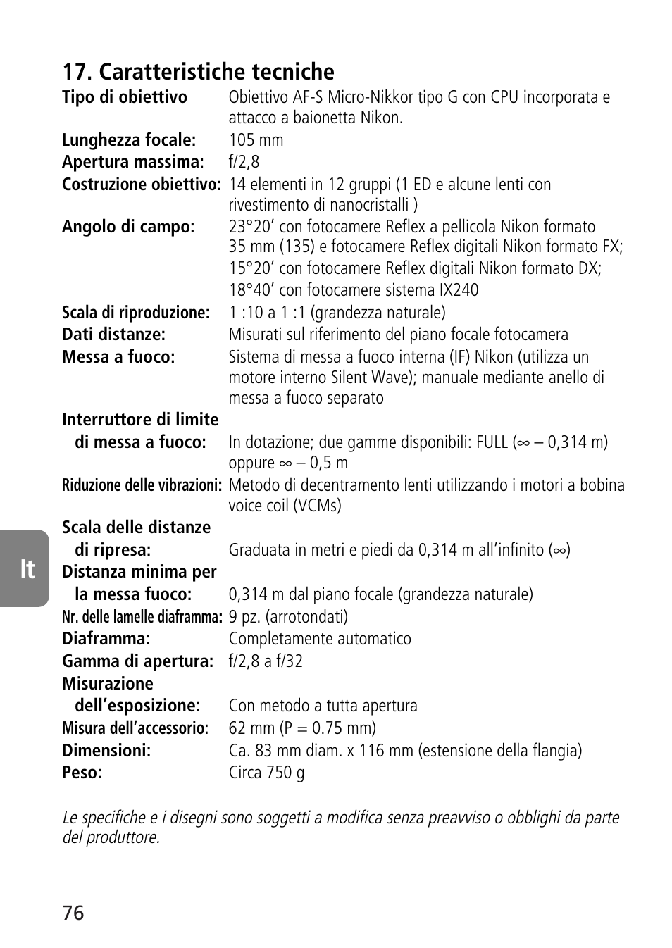 Caratteristiche tecniche | Nikon AF-S VR Micro-NIKKOR 105mm f/2.8G IF-ED Lens User Manual | Page 76 / 132
