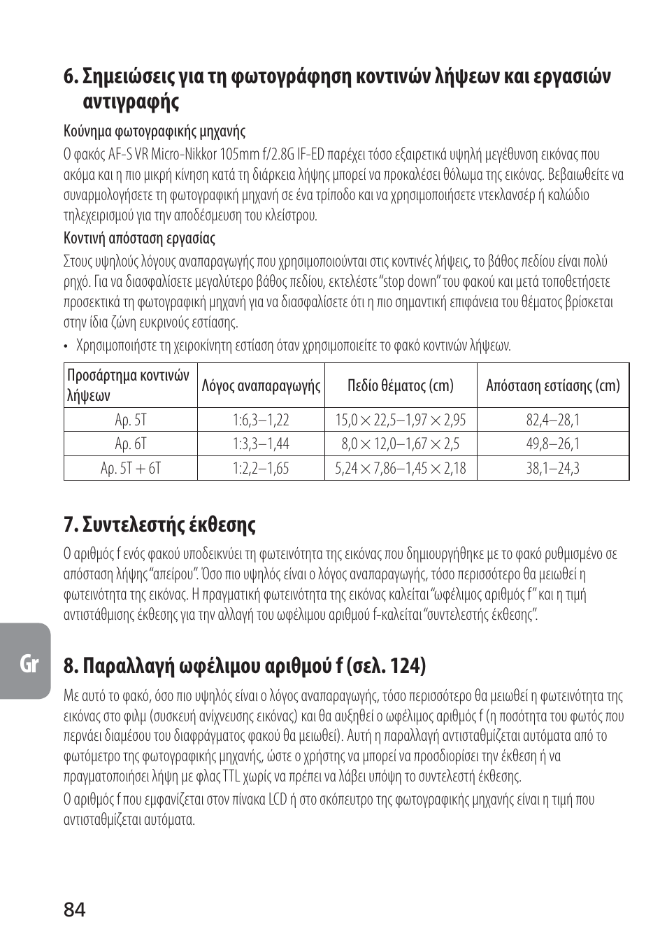 Συντελεστής έκθεσης, Παραλλαγή ωφέλιμου αριθμού f (σελ. 124) | Nikon AF-S VR Micro-NIKKOR 105mm f/2.8G IF-ED Lens User Manual | Page 84 / 132