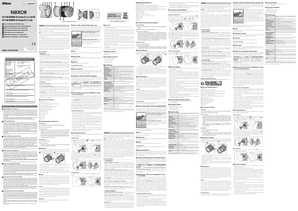 Nikon AF-P DX NIKKOR 18-55mm f/3.5-5.6G VR Lens User Manual | 2 pages