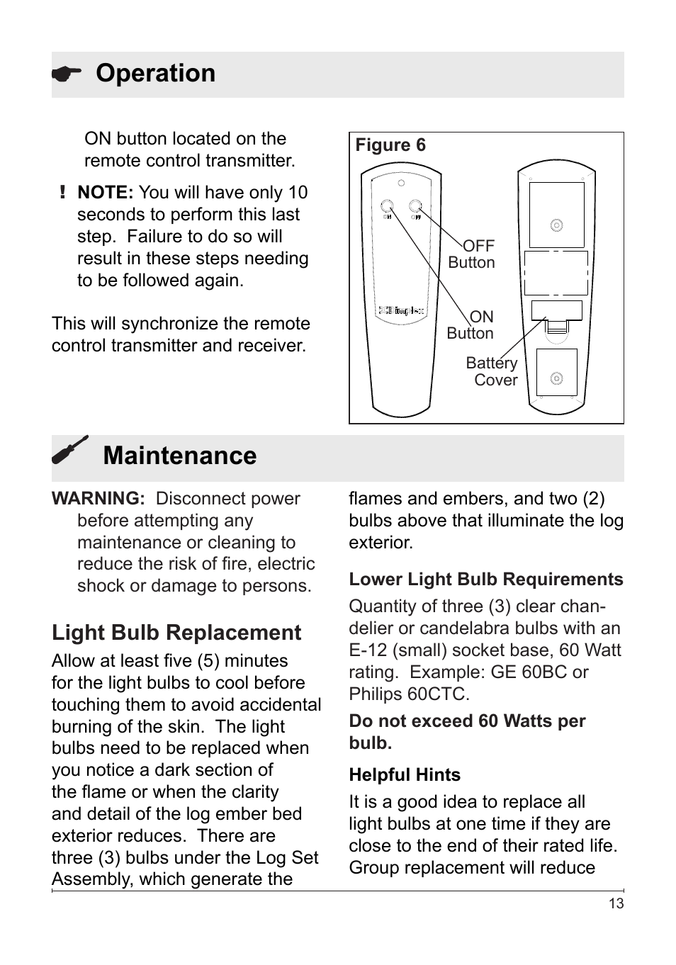 Maintenance, Operation, Light bulb replacement | Dimplex NBDF2608 User Manual | Page 13 / 20