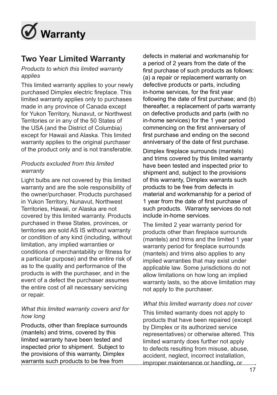 Warranty, Two year limited warranty | Dimplex NBDF2608 User Manual | Page 17 / 20