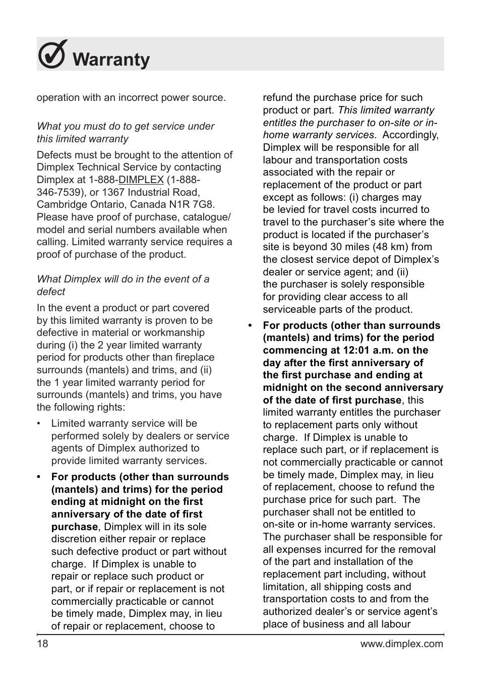 Warranty | Dimplex NBDF2608 User Manual | Page 18 / 20