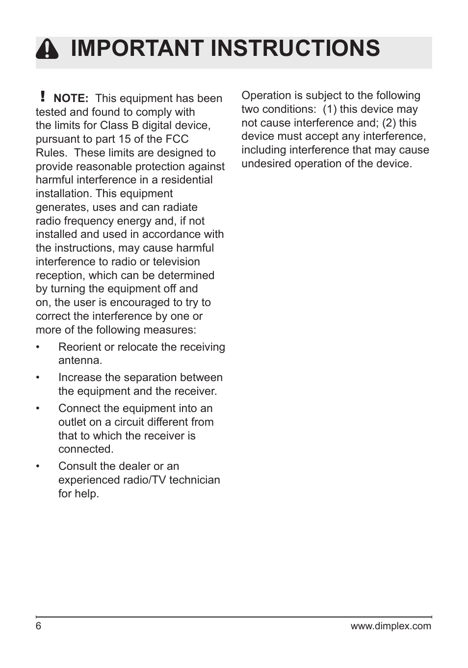 Important instructions | Dimplex NBDF2608 User Manual | Page 6 / 20