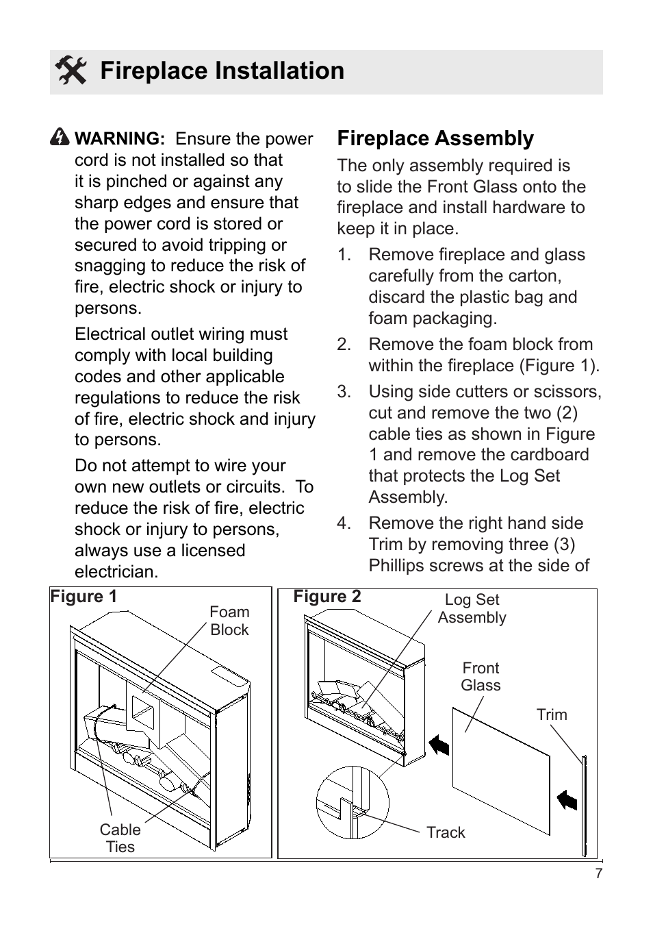 Fireplace installation, Fireplace assembly | Dimplex NBDF2608 User Manual | Page 7 / 20