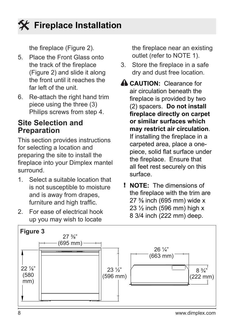 Fireplace installation, Site selection and preparation | Dimplex NBDF2608 User Manual | Page 8 / 20