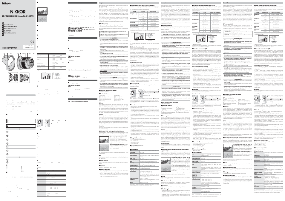 Nikon AF-P DX NIKKOR 10-20mm f/4.5-5.6G VR Lens User Manual | 2 pages