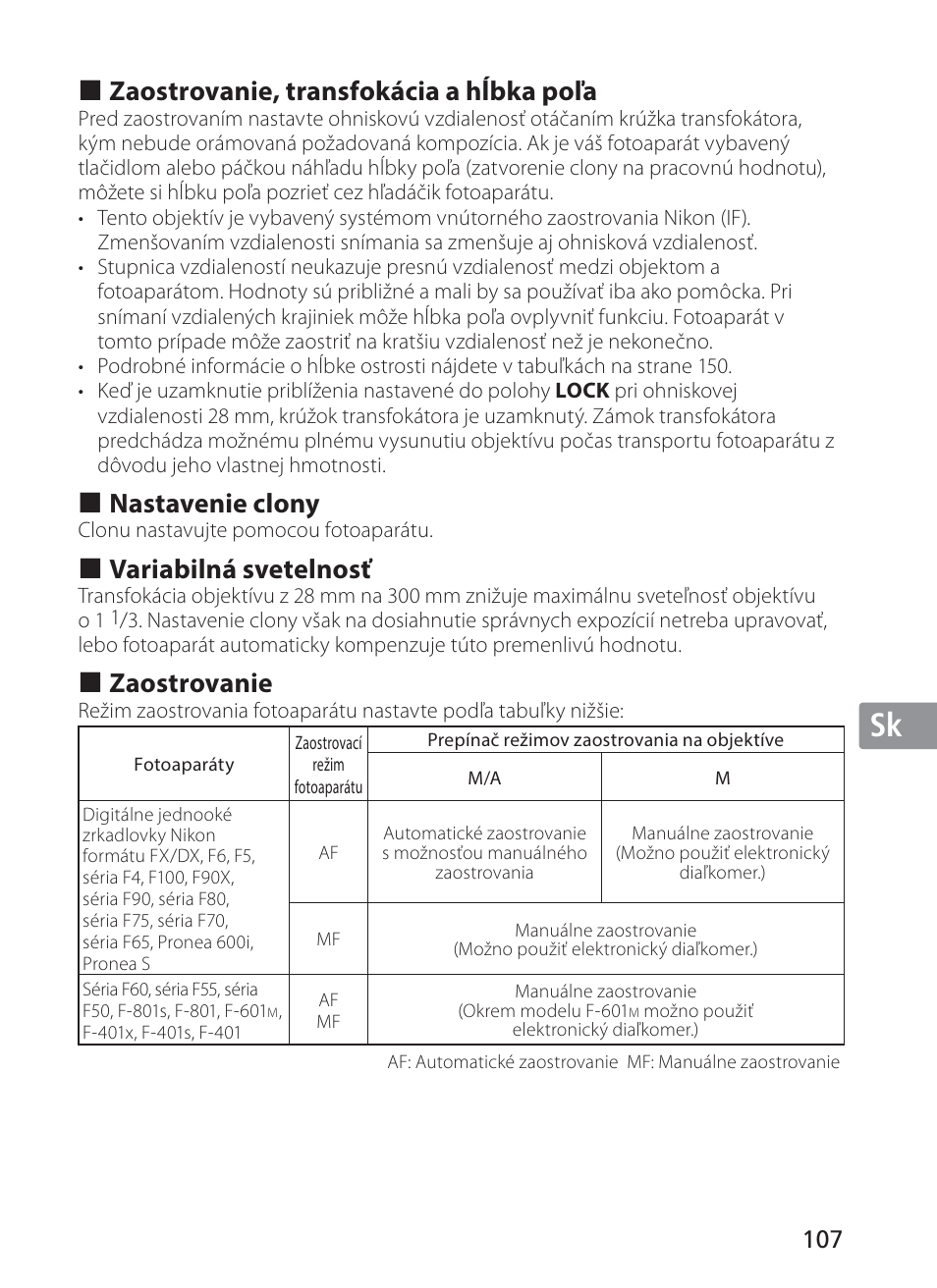 Jp en de fr es se ru nl it sk sk kr, Zaostrovanie, transfokácia a hĺbka poľa, Nastavenie clony | Variabilná svetelnosť, Zaostrovanie | Nikon AF-S NIKKOR 28-300mm f/3.5-5.6G ED VR Lens User Manual | Page 107 / 160