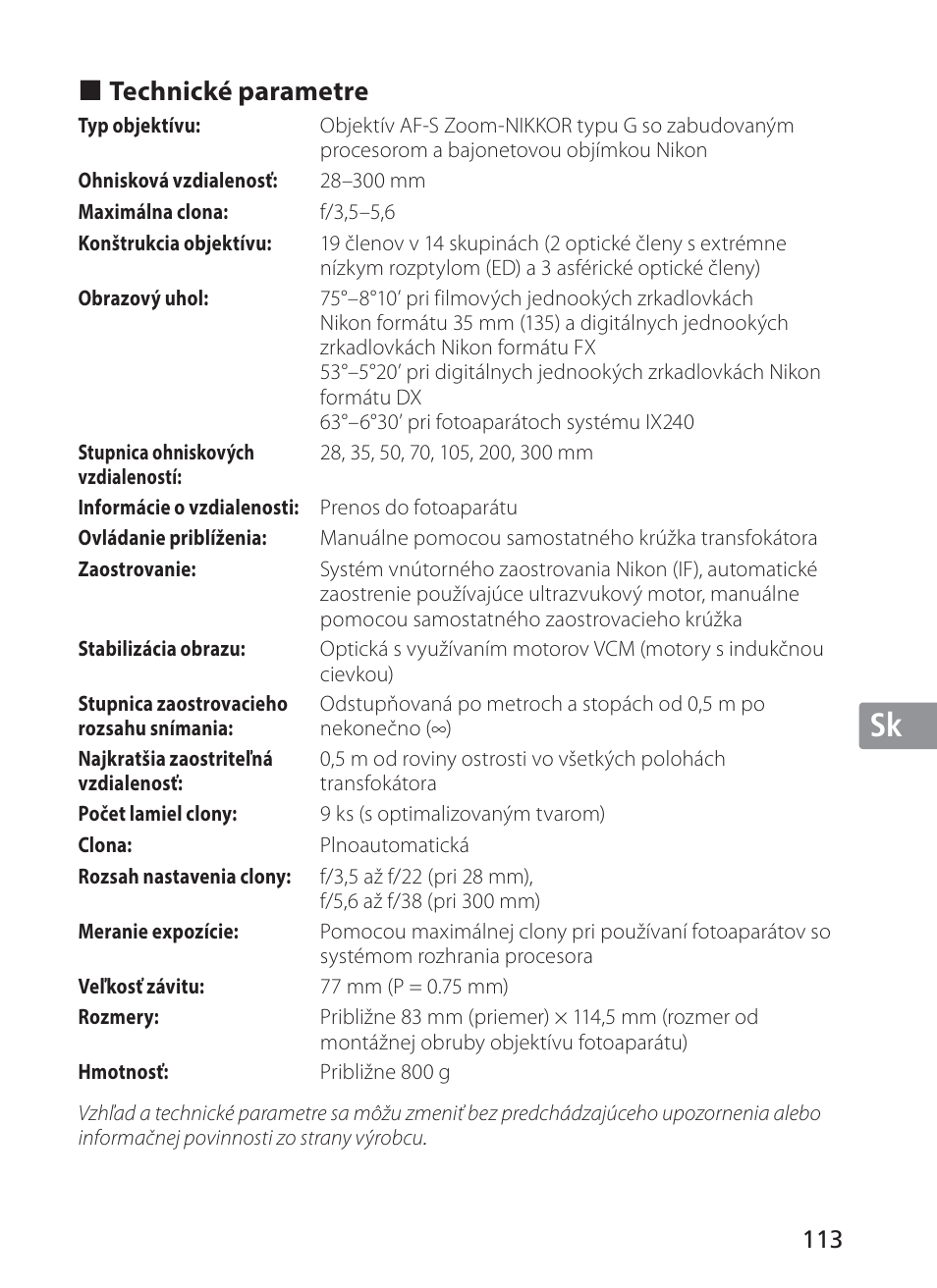 Jp en de fr es se ru nl it sk sk kr | Nikon AF-S NIKKOR 28-300mm f/3.5-5.6G ED VR Lens User Manual | Page 113 / 160