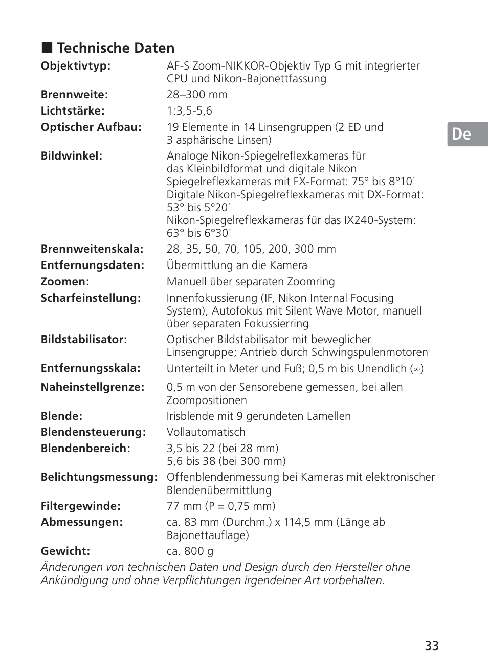 Jp en de fr es se ru nl it ck ch kr | Nikon AF-S NIKKOR 28-300mm f/3.5-5.6G ED VR Lens User Manual | Page 33 / 160