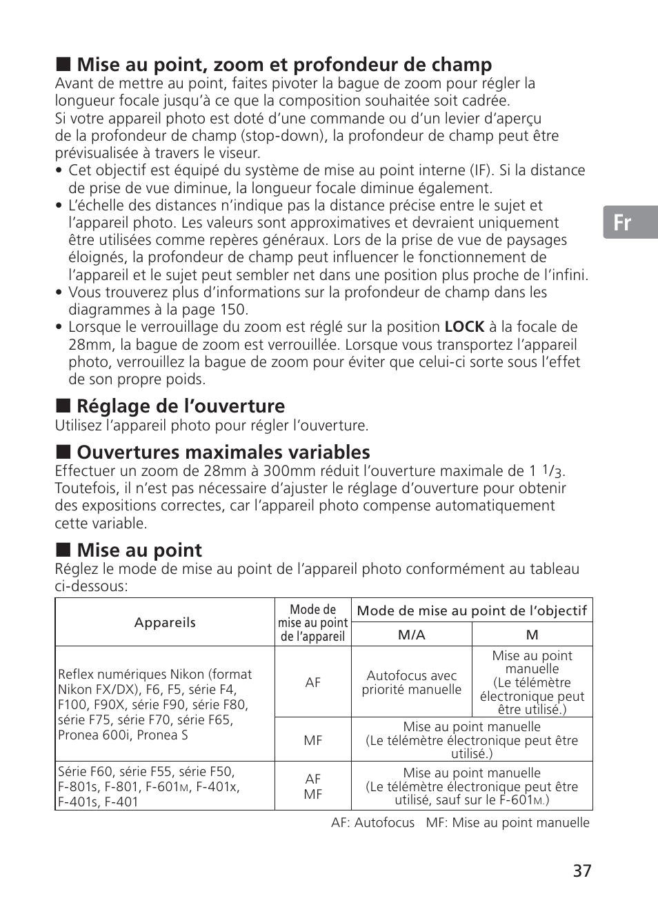 Jp en de fr es se ru nl it ck ch kr, Mise au point, zoom et profondeur de champ, Réglage de l’ouverture | Ouvertures maximales variables, Mise au point | Nikon AF-S NIKKOR 28-300mm f/3.5-5.6G ED VR Lens User Manual | Page 37 / 160