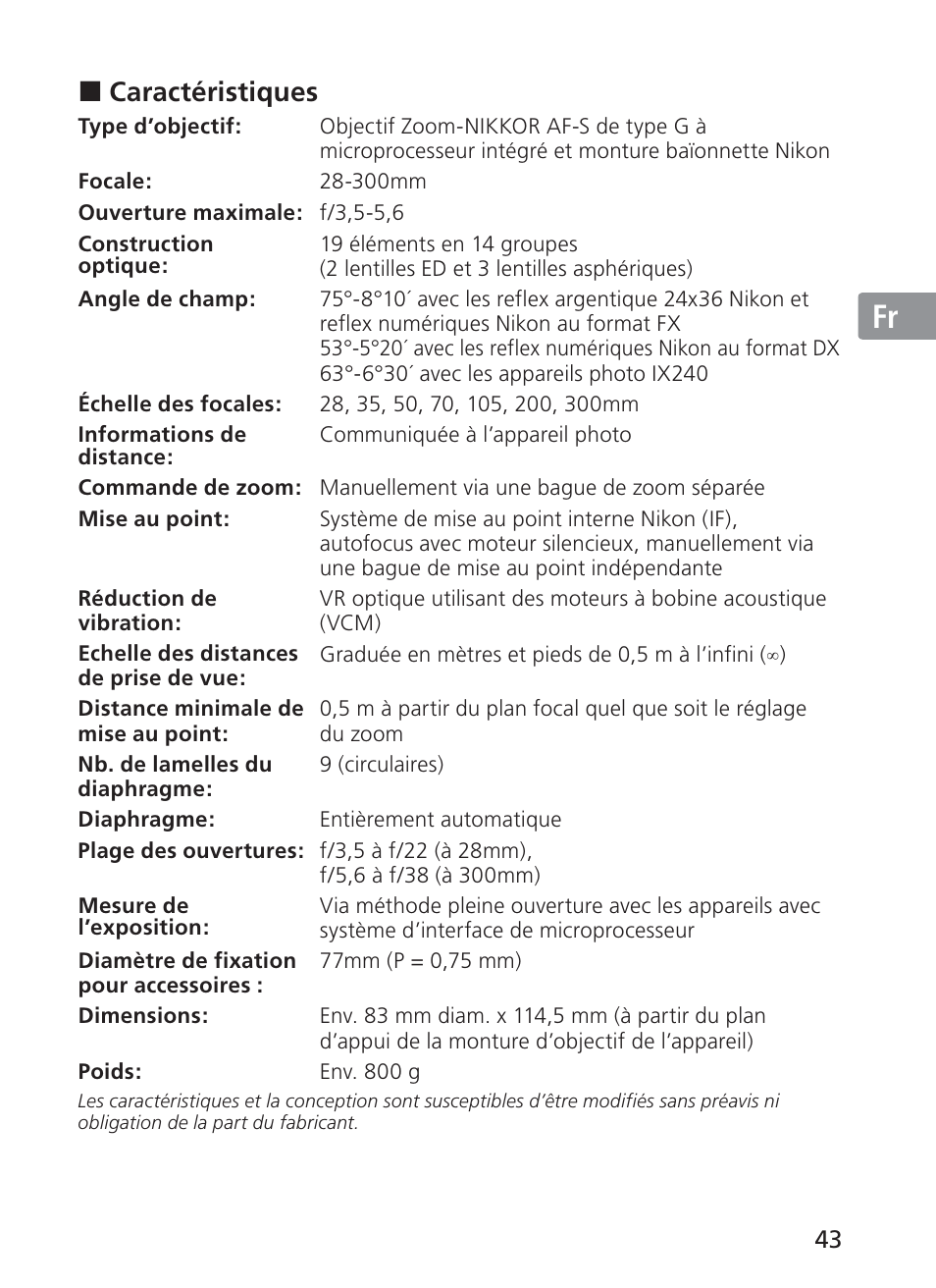 Jp en de fr es se ru nl it ck ch kr, Caractéristiques | Nikon AF-S NIKKOR 28-300mm f/3.5-5.6G ED VR Lens User Manual | Page 43 / 160